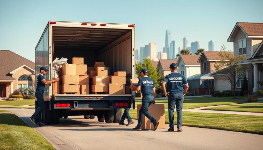 A professional moving scene depicting a Dallas to Bedford move. In the foreground, a well-dressed team of movers in branded attire carefully loading a sturdy moving truck with boxes and furniture. The middle ground features a residential neighborhood typical of Bedford, with cozy houses and well-kept lawns. Bright, sunny lighting creates a welcoming atmosphere, highlighting the movers' dedication and teamwork. In the background, iconic Dallas skyline silhouettes can be seen, symbolizing the start of the journey. The scene should evoke a sense of reliability and professionalism in moving services, with an emphasis on organization and efficiency. A wide-angle view captures the entire scene, showcasing both the movers and the surrounding neighborhood. A professional moving scene depicting a Dallas to Bedford move. In the foreground, a well-dressed team of movers in branded attire carefully loading a sturdy moving truck with boxes and furniture. The middle ground features a residential neighborhood typical of Bedford, with cozy houses and well-kept lawns. Bright, sunny lighting creates a welcoming atmosphere, highlighting the movers' dedication and teamwork. In the background, iconic Dallas skyline silhouettes can be seen, symbolizing the start of the journey. The scene should evoke a sense of reliability and professionalism in moving services, with an emphasis on organization and efficiency. A wide-angle view captures the entire scene, showcasing both the movers and the surrounding neighborhood.