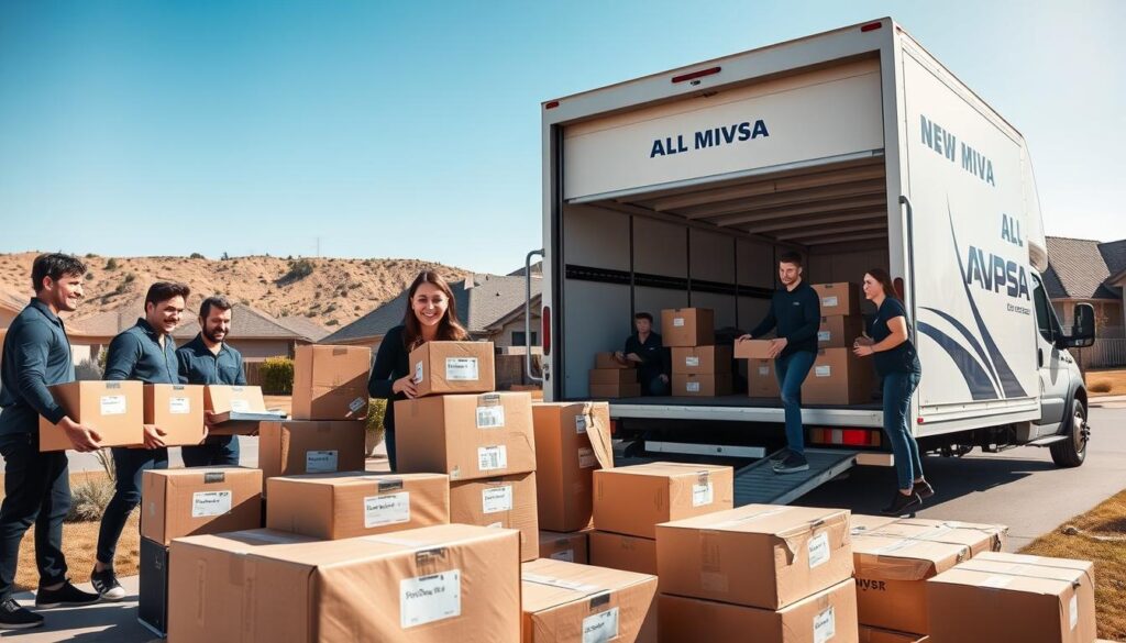 A professional moving service in action, showcasing a friendly team of movers in smart casual attire, engaged in loading boxes onto a modern, branded moving truck. In the foreground, a diverse group of movers smiles and collaborates, surrounded by neatly organized boxes labeled with various household items. In the middle ground, a well-maintained residential neighborhood in Dallas sets the scene, with a clear blue sky and bright sunlight casting gentle shadows. In the background, distinct Texas landscapes, including low hills and sparse trees, provide context. The image captures a sense of reliability and trust, reflecting the comprehensive, tailored moving solutions available. The scene is vibrant, conveying a positive and energetic atmosphere. Use natural lighting to enhance the friendly demeanor of the movers, ensuring a professional and welcoming appearance. A professional moving service in action, showcasing a friendly team of movers in smart casual attire, engaged in loading boxes onto a modern, branded moving truck. In the foreground, a diverse group of movers smiles and collaborates, surrounded by neatly organized boxes labeled with various household items. In the middle ground, a well-maintained residential neighborhood in Dallas sets the scene, with a clear blue sky and bright sunlight casting gentle shadows. In the background, distinct Texas landscapes, including low hills and sparse trees, provide context. The image captures a sense of reliability and trust, reflecting the comprehensive, tailored moving solutions available. The scene is vibrant, conveying a positive and energetic atmosphere. Use natural lighting to enhance the friendly demeanor of the movers, ensuring a professional and welcoming appearance.