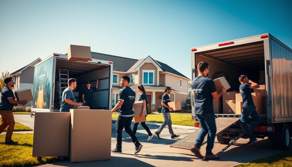 A professional moving service in action, showcasing both residential and commercial moving. In the foreground, a diverse team of movers dressed in smart, branded uniforms, lifting furniture and packing boxes. In the middle ground, a moving truck with visible branding parked outside a charming suburban home, surrounded by neatly trimmed lawns. To the right, an office building is being loaded with boxes, emphasizing the dual nature of the services offered. The background features a clear blue sky, enhancing the sense of a pleasant day for moving. Soft, warm sunlight casts gentle shadows, creating an inviting atmosphere. The scene is captured at a slight angle, providing depth and perspective, highlighting the professionalism and reliability of the moving service. The overall mood is energetic and organized, reflecting a seamless moving experience.