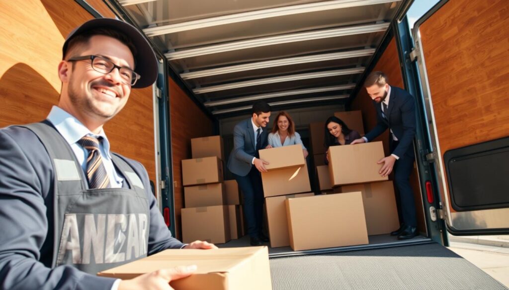 A professional moving service scene depicting a team of movers in smart business attire, showcasing their trusted five-star service. In the foreground, a friendly and efficient mover is carefully packing fragile items into a neatly organized moving truck, displaying professionalism and care. The middle layer features a second mover assisting a family, who looks relieved and happy, surrounded by packed boxes and a beautiful Dallas skyline in the background. The sky is bright and clear, symbolizing trust and reliability. Soft, warm lighting enhances the positive atmosphere, with an angel-eye view capturing the action, conveying a sense of seamless efficiency and service excellence. The overall mood is warm, reassuring, and dedicated to customer satisfaction.