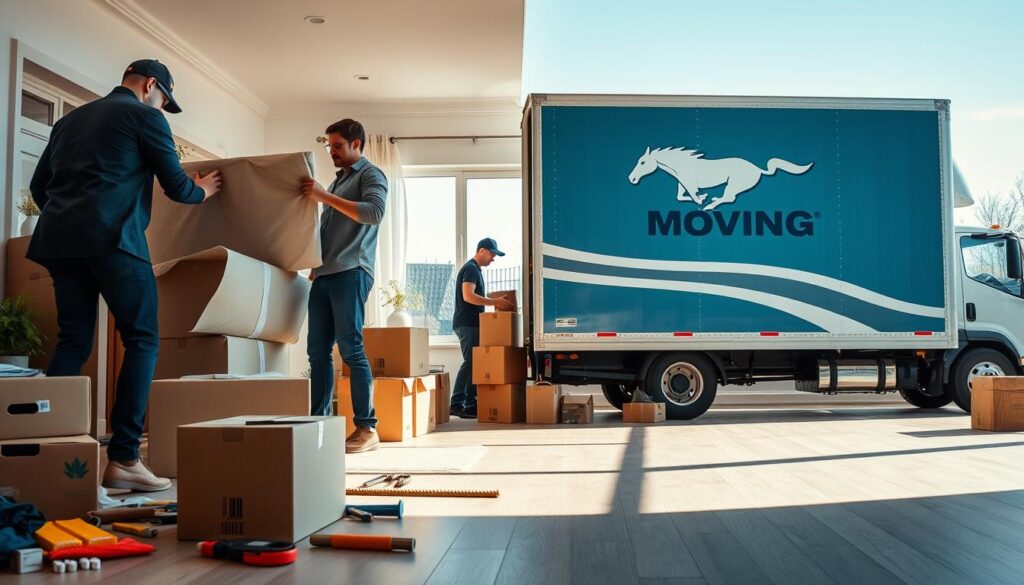 A professional moving service scene depicting the Mustang Moving process. In the foreground, a diverse team of three movers in smart, casual attire carefully organizing and wrapping furniture in a bright, spacious home. The middle ground showcases moving boxes, tools, and packing materials scattered around, emphasizing an orderly yet dynamic environment. In the background, a moving truck emblazoned with the Mustang Moving logo waits ready for loading, under a clear blue sky. Soft, natural lighting floods the scene, casting gentle shadows, and creating a welcoming atmosphere. The image conveys a sense of efficiency, reliability, and teamwork, illustrating each step of the moving process from planning to delivery. A professional moving service scene depicting the Mustang Moving process. In the foreground, a diverse team of three movers in smart, casual attire carefully organizing and wrapping furniture in a bright, spacious home. The middle ground showcases moving boxes, tools, and packing materials scattered around, emphasizing an orderly yet dynamic environment. In the background, a moving truck emblazoned with the Mustang Moving logo waits ready for loading, under a clear blue sky. Soft, natural lighting floods the scene, casting gentle shadows, and creating a welcoming atmosphere. The image conveys a sense of efficiency, reliability, and teamwork, illustrating each step of the moving process from planning to delivery.