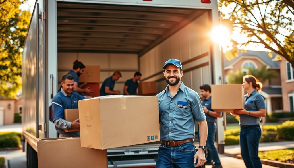 A professional moving service scene featuring a team of four movers in smart, casual uniforms, carefully loading boxes into a large, branded moving truck. In the foreground, focus on a smiling mover lifting a sturdy cardboard box, showcasing teamwork and reliability. The middle ground shows the truck tailgate open, with additional boxes and furniture items being organized by other team members. In the background, a suburban Dallas neighborhood is visible, with charming homes and trees, indicating a friendly community atmosphere. Soft, natural sunlight filters through the leaves, creating a warm and inviting mood. The composition emphasizes organization, efficiency, and professionalism in the moving process, while maintaining a clean and clutter-free environment.