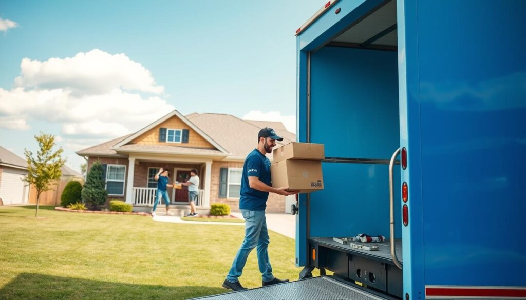 A professional moving team carefully packing and loading furniture into a bright blue moving truck, positioned in the foreground. The movers, dressed in branded uniforms, exhibit focused expressions as they handle boxes and a sofa with care. In the middle ground, a suburban home in Little Elm reflects a warm, inviting atmosphere, showcasing a well-maintained lawn and a cheery family waving goodbye from the porch. The background features a clear blue sky with a few fluffy clouds, symbolizing a fresh start. Soft, natural lighting enhances the scene, creating a friendly and reliable mood. The composition is framed with a slightly angled view from the right, giving depth to the scene and emphasizing the movers' expertise. A professional moving team carefully packing and loading furniture into a bright blue moving truck, positioned in the foreground. The movers, dressed in branded uniforms, exhibit focused expressions as they handle boxes and a sofa with care. In the middle ground, a suburban home in Little Elm reflects a warm, inviting atmosphere, showcasing a well-maintained lawn and a cheery family waving goodbye from the porch. The background features a clear blue sky with a few fluffy clouds, symbolizing a fresh start. Soft, natural lighting enhances the scene, creating a friendly and reliable mood. The composition is framed with a slightly angled view from the right, giving depth to the scene and emphasizing the movers' expertise.