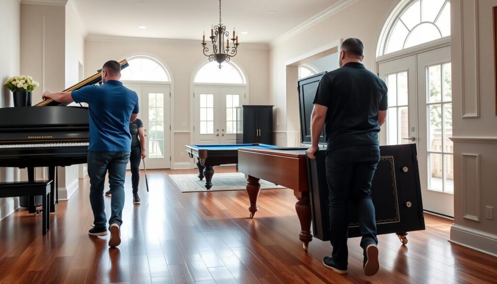 A professional moving team carefully transporting a grand piano, a large safe, and a pool table through a well-lit, spacious home entryway. In the foreground, a mover in a blue polo shirt gently supports the piano, while another in a black shirt stabilizes the safe, showcasing teamwork and precision. The middle ground features the pool table, elegantly covered with blue felt, waiting its turn for careful handling. The background reveals a light-filled hallway with tasteful decor, soft neutral colors, and wooden flooring. The atmosphere conveys trust and expertise in specialty item handling, illuminated by natural light pouring in through large windows. Capture this scene from a low angle to highlight the movers' focus and the weight of the items being transported.