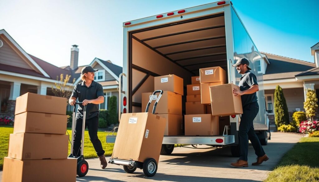 A professional moving team, composed of two individuals dressed in smart, branded uniforms, carefully packing and loading labeled boxes into a modern moving truck. In the foreground, a well-organized and structured environment with neatly stacked boxes and a dolly. The middle ground features the truck parked in a driveway of a suburban home with a lush green lawn and colorful flowers, showcasing a friendly neighborhood. In the background, a clear blue sky during daylight, suggesting a bright, optimistic atmosphere. Soft, natural lighting enhances the professional yet approachable mood, highlighting the reliability and trustworthiness of the moving service. The perspective is slightly angled to capture both the team and the truck in action, emphasizing their dedication to a smooth relocation. A professional moving team, composed of two individuals dressed in smart, branded uniforms, carefully packing and loading labeled boxes into a modern moving truck. In the foreground, a well-organized and structured environment with neatly stacked boxes and a dolly. The middle ground features the truck parked in a driveway of a suburban home with a lush green lawn and colorful flowers, showcasing a friendly neighborhood. In the background, a clear blue sky during daylight, suggesting a bright, optimistic atmosphere. Soft, natural lighting enhances the professional yet approachable mood, highlighting the reliability and trustworthiness of the moving service. The perspective is slightly angled to capture both the team and the truck in action, emphasizing their dedication to a smooth relocation.