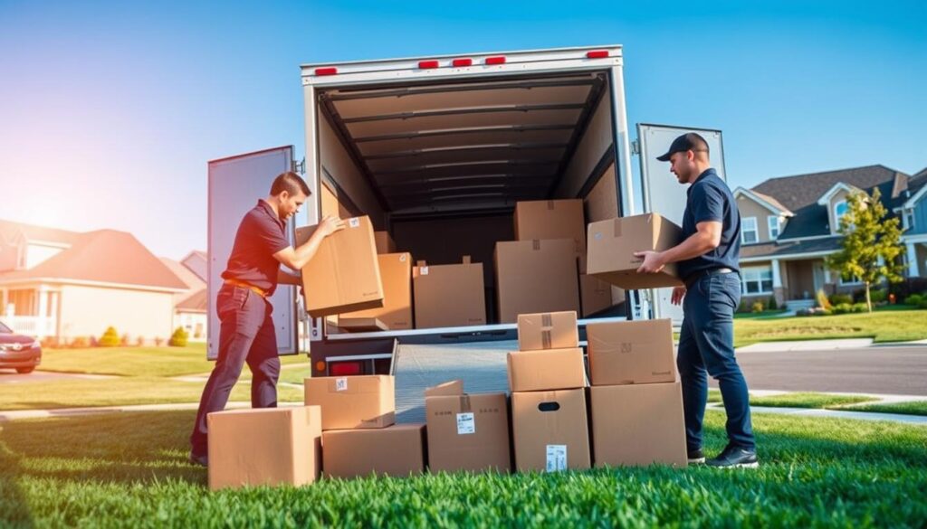 A professional moving team from Mustang Moving is meticulously packing a family’s belongings into a sleek moving truck in a suburban setting. In the foreground, two movers in smart uniforms carefully wrap and load furniture, showcasing their attention to detail. The middle ground features a variety of packed boxes neatly organized beside the truck, emphasizing efficiency and organization. In the background, a pleasant suburban environment with well-maintained lawns and family homes sets the scene, under a clear blue sky. Soft, natural lighting casts warm highlights, conveying a sense of reliability and trustworthiness. The image captures a focused and positive atmosphere, inviting readers to appreciate the professionalism of Mustang Moving's process. A professional moving team from Mustang Moving is meticulously packing a family’s belongings into a sleek moving truck in a suburban setting. In the foreground, two movers in smart uniforms carefully wrap and load furniture, showcasing their attention to detail. The middle ground features a variety of packed boxes neatly organized beside the truck, emphasizing efficiency and organization. In the background, a pleasant suburban environment with well-maintained lawns and family homes sets the scene, under a clear blue sky. Soft, natural lighting casts warm highlights, conveying a sense of reliability and trustworthiness. The image captures a focused and positive atmosphere, inviting readers to appreciate the professionalism of Mustang Moving's process.