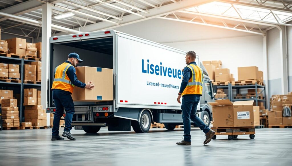A professional moving team in a modern, brightly lit warehouse, showcasing 