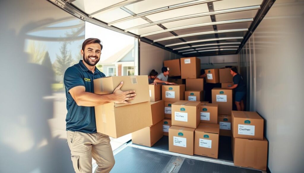 A professional moving team in a modern, well-organized moving truck, carefully packing and loading boxes labeled with items like kitchenware and furniture. In the foreground, a smiling mover, dressed in a branded polo shirt and khakis, is lifting a box, showcasing teamwork and efficiency. In the middle ground, another mover arranges items inside the truck, ensuring everything fits securely. The background features a suburban home with a well-manicured lawn, partially visible as they prepare for the move. Bright, natural lighting creates a warm and inviting atmosphere, and the image captures a dynamic sense of motion, emphasizing the organized and reliable nature of the moving process. Use a wide-angle lens to highlight the teamwork and space in action.