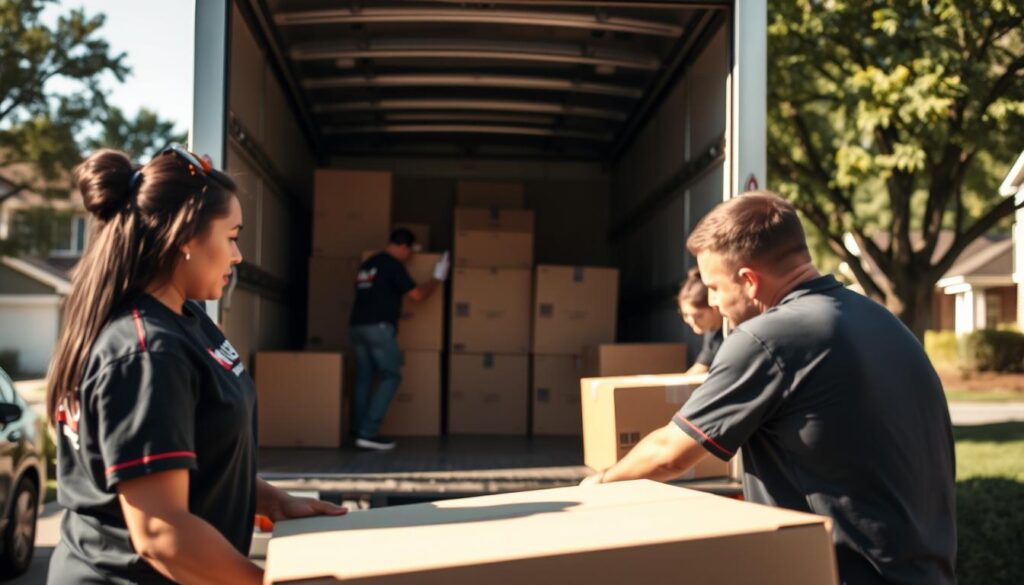 A professional moving team in branded uniforms carefully packing furniture into a moving truck in the foreground. The scene captures a diverse group of workers, including a woman and a man, each focused on their tasks with attentive expressions. The middle ground features a well-organized, spacious moving truck, with boxes stacked neatly inside, showcasing the reliability of Mustang Moving services. In the background, a residential neighborhood in sunny Dallas with trees and houses, emphasizing the local aspect of the service. Soft afternoon light casts gentle shadows, creating a warm and inviting atmosphere. The composition is slightly angled to give a dynamic perspective, portraying efficiency and trustworthiness in moving services tailored to customer needs. A professional moving team in branded uniforms carefully packing furniture into a moving truck in the foreground. The scene captures a diverse group of workers, including a woman and a man, each focused on their tasks with attentive expressions. The middle ground features a well-organized, spacious moving truck, with boxes stacked neatly inside, showcasing the reliability of Mustang Moving services. In the background, a residential neighborhood in sunny Dallas with trees and houses, emphasizing the local aspect of the service. Soft afternoon light casts gentle shadows, creating a warm and inviting atmosphere. The composition is slightly angled to give a dynamic perspective, portraying efficiency and trustworthiness in moving services tailored to customer needs.