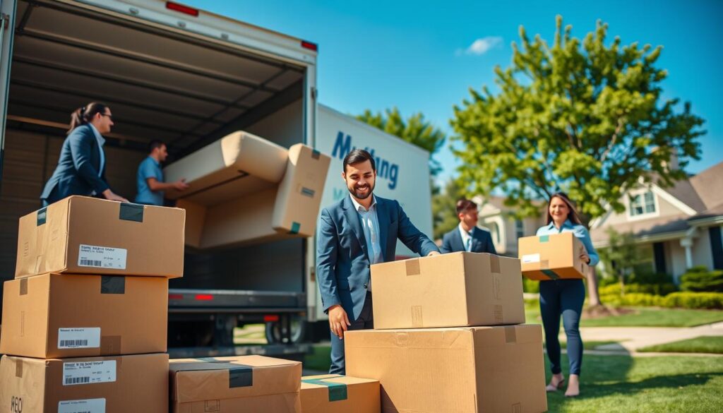 A professional moving team in business attire, including men and women, carefully packing boxes and loading furniture into a large, branded moving truck in a suburban neighborhood. In the foreground, show neatly stacked moving boxes with labels, a sofa being lifted by two movers, and a friendly smile on a team member’s face. The middle ground includes the truck with the Mustang Moving logo, while the background showcases a clear blue sky, green trees, and well-kept houses representing a typical Dallas setting. Soft, natural lighting illuminates the scene, emphasizing a bright and optimistic atmosphere. Capture the image from a slightly elevated angle to provide a comprehensive view of the bustling activity, conveying a sense of reliability and professionalism.