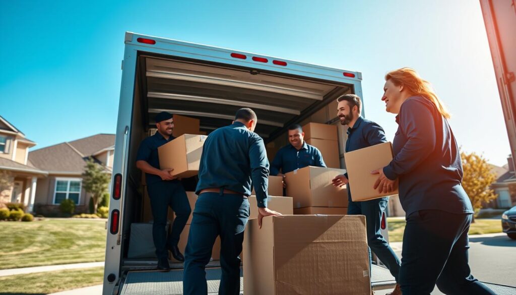 A professional moving team in neatly pressed uniforms, consisting of two men and a woman, carefully loading a moving truck with well-organized, packed boxes and furniture. In the foreground, the team is smiling and communicating, showcasing a sense of teamwork and reliability. The middle ground features a suburban Coppell neighborhood with well-maintained homes and green lawns, suggesting a sense of community. In the background, a clear blue sky captures the warmth of a sunny day, enhancing the mood of professionalism and efficiency. The scene is lit with natural sunlight, creating soft shadows and highlights, with a focus on an angle that emphasizes the movement and activity of the movers. Overall, the atmosphere conveys trust and dependability in residential moves.