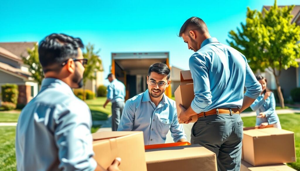 A professional moving team in neatly pressed uniforms is carefully loading a moving truck with boxes and furniture in an open, sunny suburban setting. The foreground features a diverse group of movers, two men and a woman, collaborating on securing items, showcasing teamwork and professionalism. In the middle ground, the brightly colored moving truck is parked in a driveway, surrounded by residential homes and green lawns, conveying a sense of reliability and community. The background features a clear blue sky, enhancing the optimistic and energetic mood of the scene. Soft, natural lighting casts gentle shadows, providing a welcoming atmosphere. The focus is sharp on the movers, with a slight blur in the background, emphasizing their dedicated effort in providing full-service moving tailored to the needs of their clients. A professional moving team in neatly pressed uniforms is carefully loading a moving truck with boxes and furniture in an open, sunny suburban setting. The foreground features a diverse group of movers, two men and a woman, collaborating on securing items, showcasing teamwork and professionalism. In the middle ground, the brightly colored moving truck is parked in a driveway, surrounded by residential homes and green lawns, conveying a sense of reliability and community. The background features a clear blue sky, enhancing the optimistic and energetic mood of the scene. Soft, natural lighting casts gentle shadows, providing a welcoming atmosphere. The focus is sharp on the movers, with a slight blur in the background, emphasizing their dedicated effort in providing full-service moving tailored to the needs of their clients.