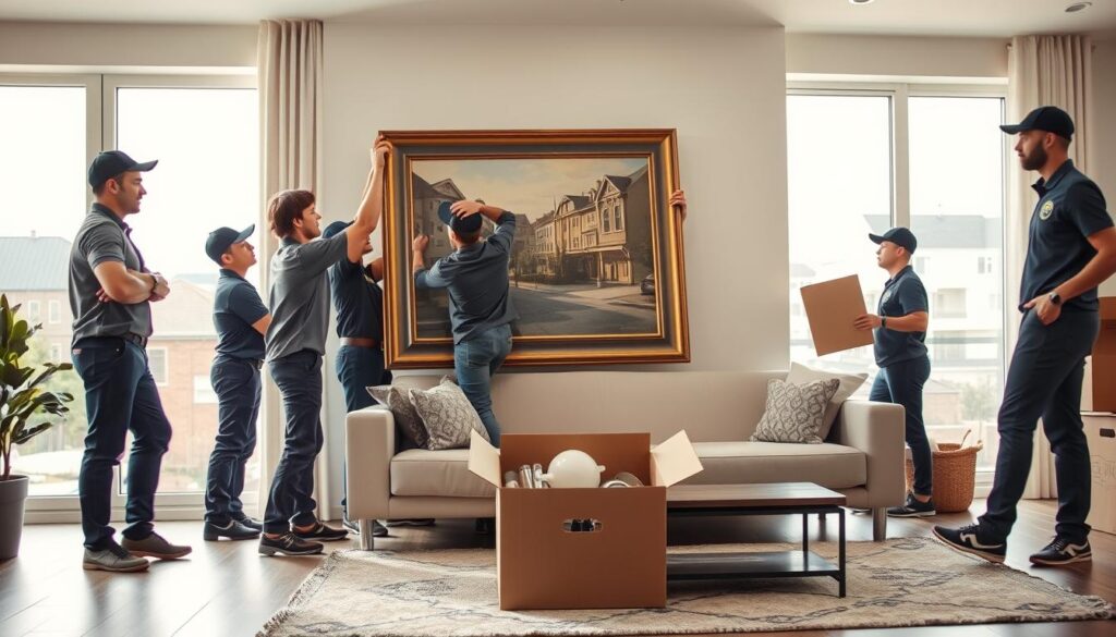 A professional moving team in smart uniforms packaging household items with care in a modern, brightly lit living room. In the foreground, a diverse group of movers is carefully lifting a large, framed painting, showcasing teamwork and efficiency. The middle ground features an open box filled with kitchenware, while a sofa and coffee table are organized neatly around them. In the background, large windows let in natural light, illuminating a neighborhood view that transitions from urban Dallas to suburban Sachse, symbolizing the move. The atmosphere conveys a sense of urgency balanced with professionalism, emphasizing the importance of timing in the moving process. Soft shadows enhance depth, while a slightly angled perspective captures the action in motion, creating a dynamic, engaging composition. A professional moving team in smart uniforms packaging household items with care in a modern, brightly lit living room. In the foreground, a diverse group of movers is carefully lifting a large, framed painting, showcasing teamwork and efficiency. The middle ground features an open box filled with kitchenware, while a sofa and coffee table are organized neatly around them. In the background, large windows let in natural light, illuminating a neighborhood view that transitions from urban Dallas to suburban Sachse, symbolizing the move. The atmosphere conveys a sense of urgency balanced with professionalism, emphasizing the importance of timing in the moving process. Soft shadows enhance depth, while a slightly angled perspective captures the action in motion, creating a dynamic, engaging composition.