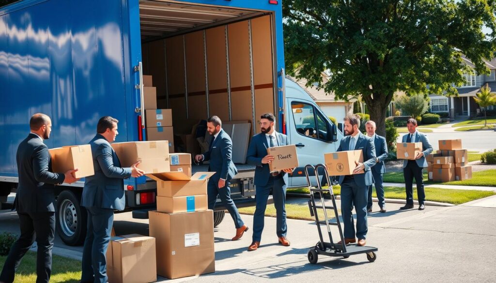 A professional moving team meticulously packing and loading boxes into a blue moving truck in a suburban neighborhood, showcasing a smooth relocation process. In the foreground, a diverse group of movers dressed in professional business attire carefully handles fragile items and labeled boxes, conveying teamwork and reliability. The middle ground features the moving truck, prominently parked in a driveway, with additional packed items and a dolly nearby, symbolizing organization. In the background, a sunny suburban street with well-maintained homes and greenery sets a peaceful atmosphere. The image is brightly lit with soft sunlight, emphasizing efficiency and professionalism, captured from a slightly elevated angle to include both the movers and the truck prominently in the scene.