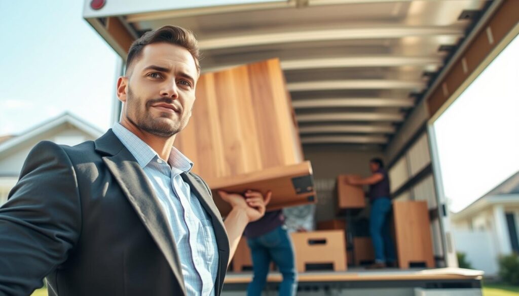 A professional, muscular mover in a smart, modest uniform is carefully lifting a heavy, wooden furniture piece, showcasing strength and teamwork. In the foreground, focus on the determined expression of the mover as they utilize proper lifting techniques, emphasizing their role in heavy labor. In the middle ground, include a well-organized moving truck partially open, revealing more furniture and moving supplies. The background features a suburban home, providing context for the moving scene. Bright, natural lighting enhances the outdoor setting, while a slightly angled view adds depth to the composition. The atmosphere conveys a sense of reliability and professionalism, highlighting the importance of skilled labor in moving services. A professional, muscular mover in a smart, modest uniform is carefully lifting a heavy, wooden furniture piece, showcasing strength and teamwork. In the foreground, focus on the determined expression of the mover as they utilize proper lifting techniques, emphasizing their role in heavy labor. In the middle ground, include a well-organized moving truck partially open, revealing more furniture and moving supplies. The background features a suburban home, providing context for the moving scene. Bright, natural lighting enhances the outdoor setting, while a slightly angled view adds depth to the composition. The atmosphere conveys a sense of reliability and professionalism, highlighting the importance of skilled labor in moving services.