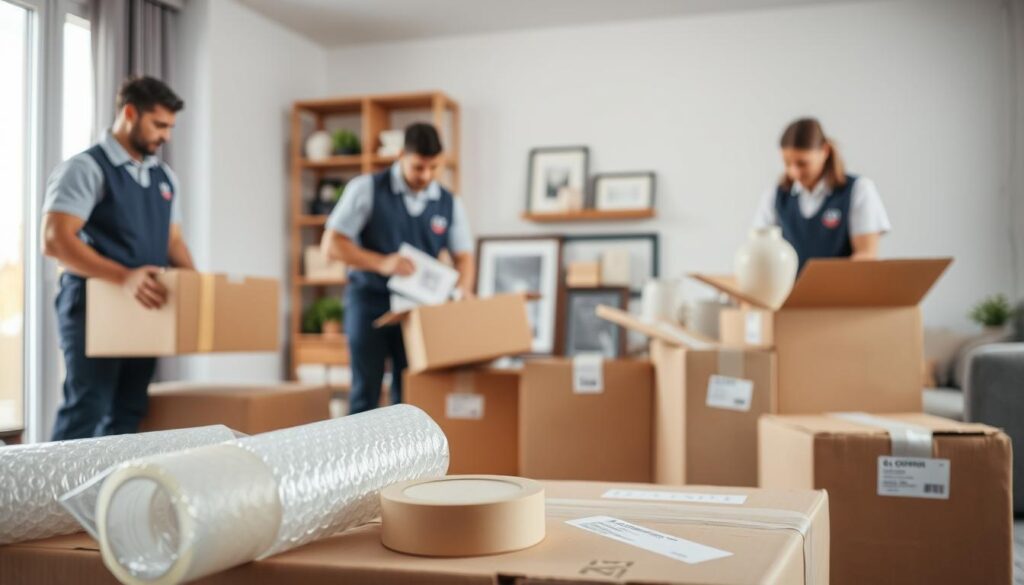 A professional packing scene in a modern home environment showcasing a team of two movers in smart uniforms, meticulously wrapping and packing items into sturdy boxes. In the foreground, a close-up of bubble wrap, packing tape, and carefully labeled boxes for organization. In the middle ground, the movers are engaged in packing a variety of items: a delicate vase, framed pictures, and kitchen ware, emphasizing careful handling and protection. The background features a neatly arranged living room with shelves and furniture to convey a sense of home. Soft, natural lighting filters through a window, creating a warm, inviting atmosphere that highlights professionalism and attention to detail in moving and packing services.