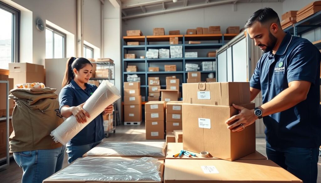 A professional packing service in action inside a bright and organized moving facility. In the foreground, two team members, dressed in clean, logo-emblazoned uniforms, are carefully wrapping fragile items like glassware and fine china using bubble wrap and sturdy cardboard boxes. The middle section shows neatly stacked boxes labeled for easy identification, and small packing materials such as tape and markers are scattered strategically. The background features shelves filled with packing supplies and a large moving truck prepared for loading. Soft, natural lighting streams in through nearby windows, creating an inviting and efficient atmosphere. The overall mood conveys reliability and care, emphasizing the importance of protecting every item during a move. The angle is slightly elevated, showcasing both the action and organization involved in packing.