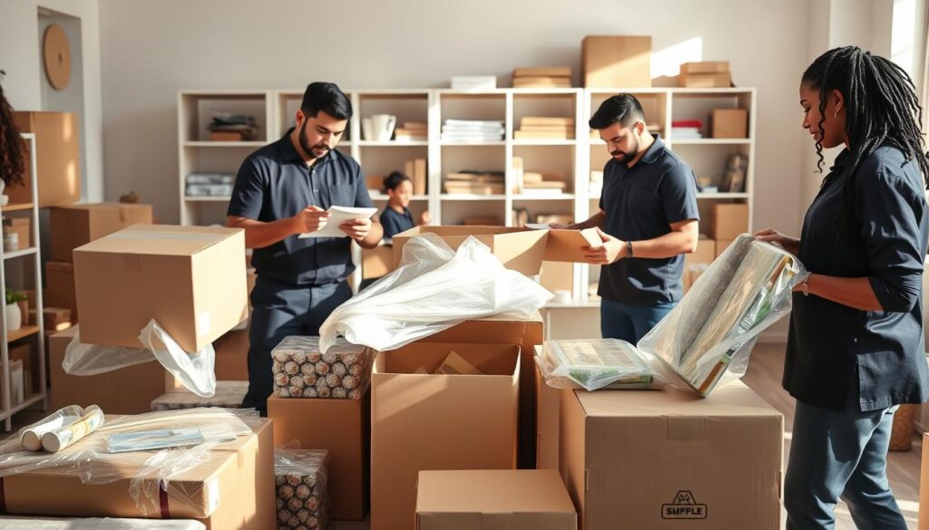 A professional packing service in action, showcasing skilled movers carefully wrapping and boxing household items in a bright, airy room. In the foreground, a diverse team of movers, dressed in smart uniforms, is seen delicately handling fragile items like glassware and artwork, ensuring each one is secure. In the middle ground, neatly stacked boxes and packing materials, such as bubble wrap and tape, create an organized scene. The background features shelves with household goods, hinting at a busy moving process. Natural light streams in through a window, casting soft shadows that enhance the sense of care and detail in this packing process. The atmosphere is focused and professional, conveying reliability and expertise in moving services.