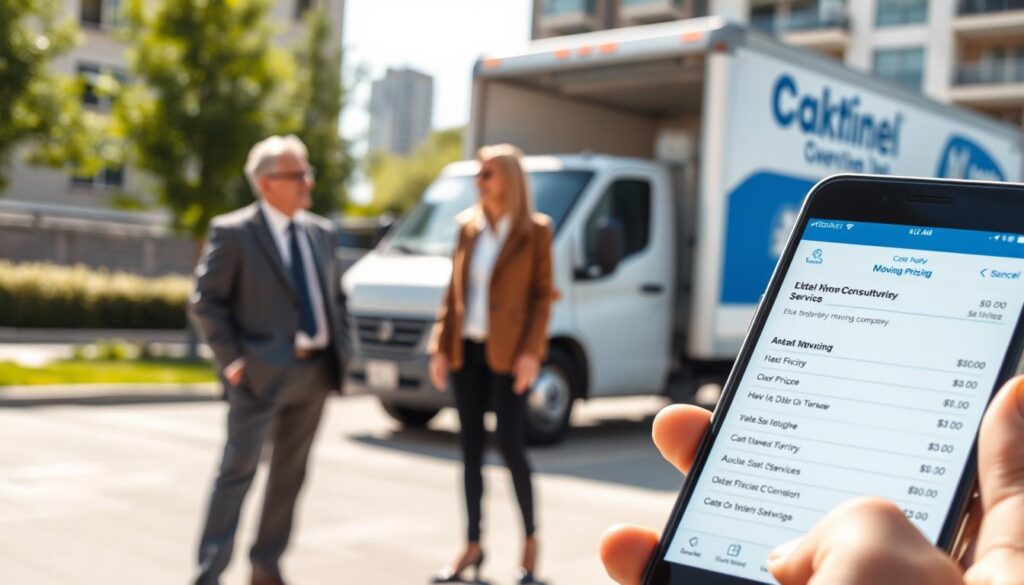 A professional scene depicting a transparent pricing quote for a moving company. In the foreground, a smartphone displays a detailed moving quote on the screen, showcasing clear pricing and scheduling options. Nearby, a smiling moving consultant in business attire discusses the services with a couple, dressed in smart, casual clothing, reflecting satisfaction and confidence. In the middle ground, a modern, well-maintained moving truck with the company logo is parked, emphasizing reliability. The background features a tidy urban setting, with a sunny sky and greenery, symbolizing a positive moving experience. Soft, natural lighting illuminates the scene, creating a bright and inviting atmosphere, while a slight depth of field blurs the distant elements to keep focus on the quote and interaction.