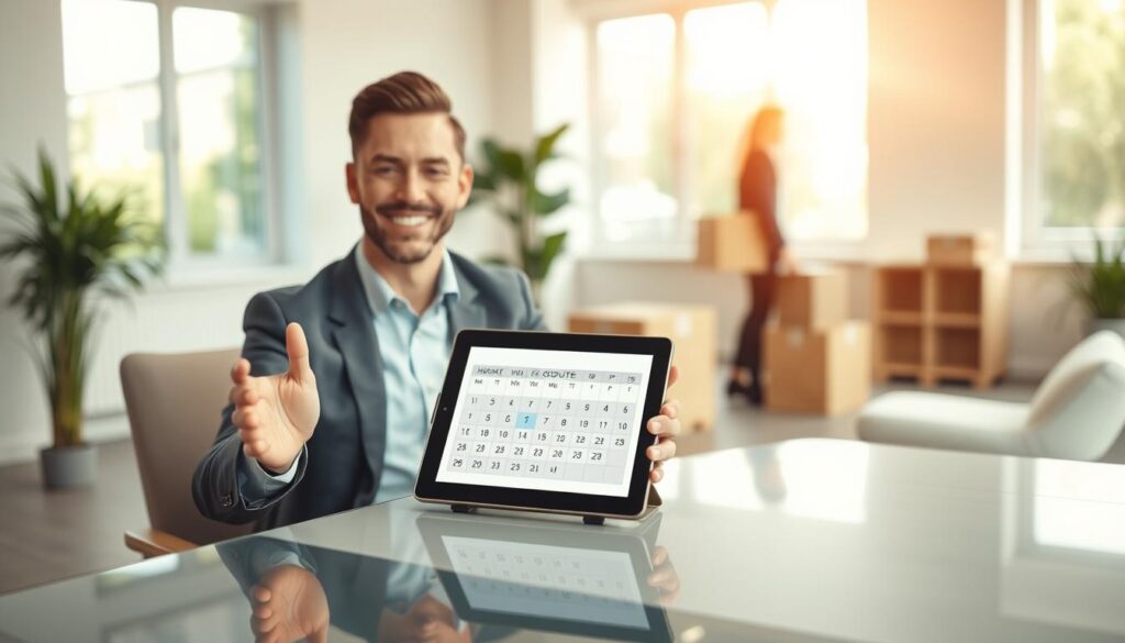 A professional setting depicting a moving quote consultation. In the foreground, a friendly moving consultant wearing a business attire sits at a sleek, modern desk, gesturing towards a digital tablet with the moving quote displayed. In the middle, a semi-transparent calendar is visible, indicating available dates for booking. In the background, a bright, welcoming office environment with light oak furniture and soft natural light filtering through large windows creates an inviting atmosphere. The overall mood is efficient and reassuring, symbolizing reliability and professionalism. The image should focus on conveying trust and clarity, without any people exhibiting casual attire or other distractions. The lens should reflect a soft depth of field, emphasizing the consultant and tablet while giving context to the office space around them.