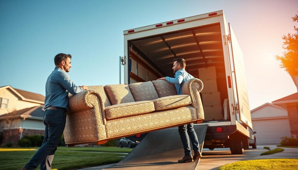 A professional team of full-service movers is carefully loading household items into a moving truck outside a suburban home in Dallas. In the foreground, two movers in business casual attire are lifting a large, elaborate sofa, showcasing their teamwork and expertise. The middle ground features the spacious moving truck adorned with the Mustang Moving logo, with neatly packed boxes visible inside. In the background, a clear blue sky and well-kept homes set a cheerful and inviting atmosphere. Warm, natural lighting illuminates the scene, adding a sense of reliability and professionalism. The depth of field blurs the distant houses slightly, directing focus on the movers, highlighting their dedication to providing tailored moving solutions. A professional team of full-service movers is carefully loading household items into a moving truck outside a suburban home in Dallas. In the foreground, two movers in business casual attire are lifting a large, elaborate sofa, showcasing their teamwork and expertise. The middle ground features the spacious moving truck adorned with the Mustang Moving logo, with neatly packed boxes visible inside. In the background, a clear blue sky and well-kept homes set a cheerful and inviting atmosphere. Warm, natural lighting illuminates the scene, adding a sense of reliability and professionalism. The depth of field blurs the distant houses slightly, directing focus on the movers, highlighting their dedication to providing tailored moving solutions.