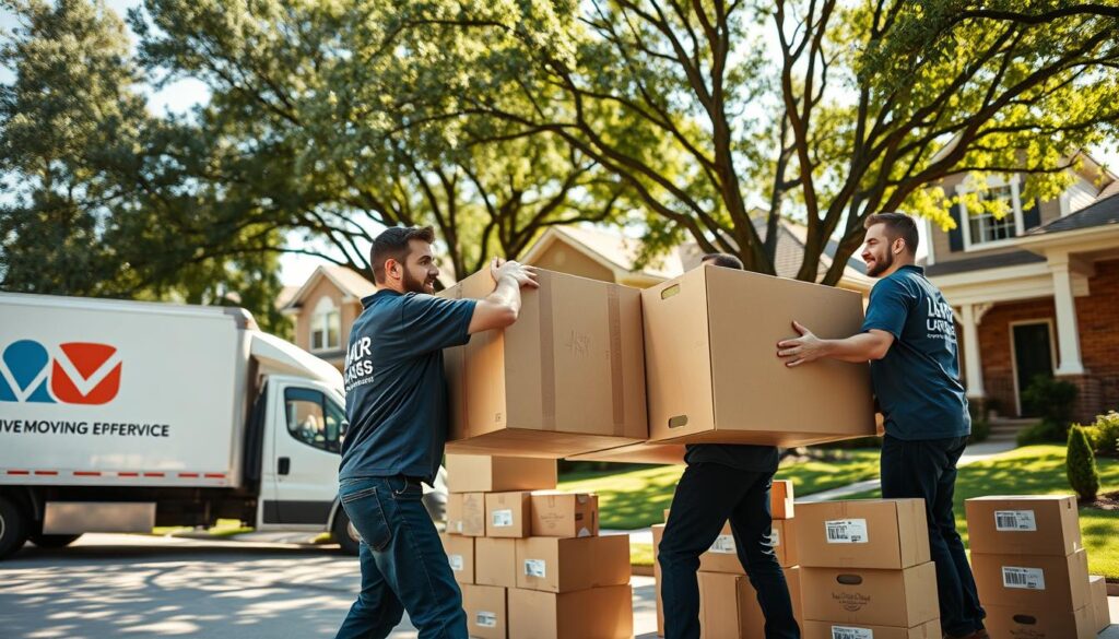 A professional team of movers expertly handling boxes and furniture in a suburban Dallas neighborhood, showcasing local expertise. In the foreground, two movers in smart, branded uniforms carefully lift a large piece of furniture with focused expressions, demonstrating teamwork. The middle ground includes a moving truck with the company logo parked nearby, surrounded by neatly stacked boxes labeled with various household items. In the background, typical Dallas homes with neatly trimmed lawns and trees create a welcoming atmosphere. Bright, natural sunlight filters through the trees, casting soft shadows, emphasizing a warm, reliable mood. The camera angle is slightly low, capturing the movers in action while highlighting the friendly neighborhood, evoking trust and professionalism.