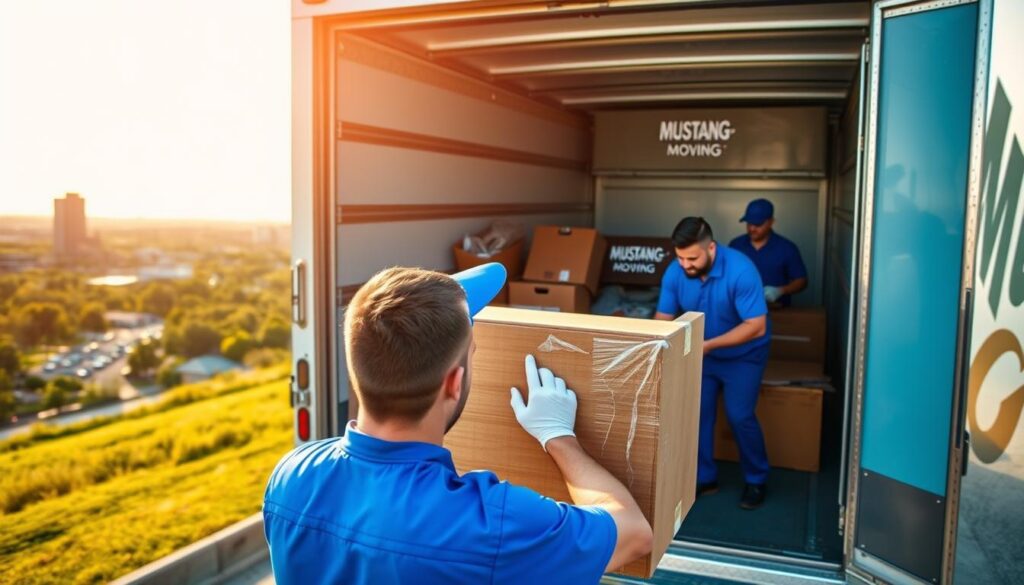 A professional team of movers in blue uniforms, skillfully loading furniture into a bright, branded moving truck with the Mustang Moving logo, symbolizing reliability and expertise. In the foreground, a mover meticulously wraps a delicate piece of furniture, showcasing attention to detail. The middle ground features an open truck door with neatly organized moving supplies. The background includes a scenic view of Dallas transitioning into Rockwall, with recognizable cityscape elements and lush greenery, representing the relocation journey. Warm, natural daylight creates an inviting atmosphere, with a slight lens flare adding a dynamic feel. The composition is high-angle, emphasizing both the movers’ professionalism and the vibrant landscape they serve. A professional team of movers in blue uniforms, skillfully loading furniture into a bright, branded moving truck with the Mustang Moving logo, symbolizing reliability and expertise. In the foreground, a mover meticulously wraps a delicate piece of furniture, showcasing attention to detail. The middle ground features an open truck door with neatly organized moving supplies. The background includes a scenic view of Dallas transitioning into Rockwall, with recognizable cityscape elements and lush greenery, representing the relocation journey. Warm, natural daylight creates an inviting atmosphere, with a slight lens flare adding a dynamic feel. The composition is high-angle, emphasizing both the movers’ professionalism and the vibrant landscape they serve.
