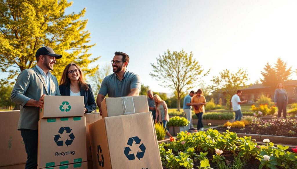 A scene depicting community movers engaged in a sustainability initiative. In the foreground, a diverse group of three movers in professional attire, smiling and collaborating, are unpacking boxes labeled with recycling symbols. In the middle ground, a vibrant community garden showcases lush greenery, and people of various ages are volunteering, planting flowers and vegetables. The background features a clear blue sky with soft, golden sunlight filtering through trees, casting warm shadows. The atmosphere is lively and collaborative, emphasizing community spirit and environmental awareness. Capture the moment from a slightly elevated angle, showcasing the teamwork below, with a wide lens perspective to enhance the feeling of a united effort for sustainability.