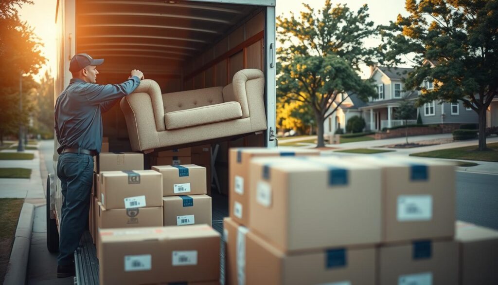 A scene depicting professional movers in North Richland Hills, Texas, efficiently loading a large moving truck with carefully packed boxes and furniture. In the foreground, two movers, dressed in smart uniforms, are collaborating to lift a sofa, showcasing teamwork and reliability. The middle ground features a diverse array of well-organized boxes labeled with care, symbolizing tailored moving services. The background reveals a suburban street lined with trees and well-kept homes, under warm, golden sunlight that enhances the friendly atmosphere. The camera angle captures the action from a slightly low perspective, emphasizing the strength and professionalism of the movers, while a soft focus blurs the distant neighborhood, creating a sense of depth and focus on the moving process.