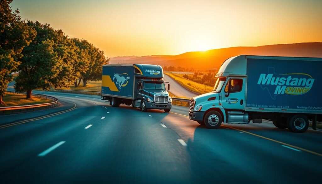 A scenic view capturing the essence of a long-distance moving route from Dallas to Wichita Falls. In the foreground, a well-maintained highway with clear lane markings stretches towards the horizon, lined with vibrant green trees. In the middle ground, a moving truck, painted in a friendly blue and yellow scheme, showcases the Mustang Moving logo on its side. The truck is driven by a professional-looking individual in business attire, focusing on the road ahead. In the background, the iconic Texas landscape can be seen with rolling hills and a clear, blue sky. Soft, golden sunset lighting bathes the scene, creating a warm, inviting atmosphere. The angle is slightly elevated, providing a panoramic view that conveys a sense of journey and possibility. The overall mood is optimistic and professional, perfect for illustrating reliable moving services. A scenic view capturing the essence of a long-distance moving route from Dallas to Wichita Falls. In the foreground, a well-maintained highway with clear lane markings stretches towards the horizon, lined with vibrant green trees. In the middle ground, a moving truck, painted in a friendly blue and yellow scheme, showcases the Mustang Moving logo on its side. The truck is driven by a professional-looking individual in business attire, focusing on the road ahead. In the background, the iconic Texas landscape can be seen with rolling hills and a clear, blue sky. Soft, golden sunset lighting bathes the scene, creating a warm, inviting atmosphere. The angle is slightly elevated, providing a panoramic view that conveys a sense of journey and possibility. The overall mood is optimistic and professional, perfect for illustrating reliable moving services.