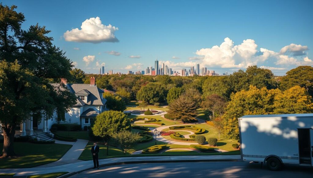 A scenic view of Highland Park, Dallas, showcasing its picturesque landscape. In the foreground, a well-maintained, tree-lined street with elegant homes reflecting classic architecture. A professional mover, dressed in a smart uniform, stands beside a moving truck parked on the curb, ready to assist. The middle ground features lush green parks, carefully manicured gardens, and winding pathways, bathed in warm afternoon sunlight that creates a golden glow. In the background, the iconic skyline of Dallas is visible, partially obscured by fluffy clouds in a vibrant blue sky. The atmosphere is calm and welcoming, highlighting the charm of Highland Park as a desirable community, with soft shadows adding depth to the scene. A scenic view of Highland Park, Dallas, showcasing its picturesque landscape. In the foreground, a well-maintained, tree-lined street with elegant homes reflecting classic architecture. A professional mover, dressed in a smart uniform, stands beside a moving truck parked on the curb, ready to assist. The middle ground features lush green parks, carefully manicured gardens, and winding pathways, bathed in warm afternoon sunlight that creates a golden glow. In the background, the iconic skyline of Dallas is visible, partially obscured by fluffy clouds in a vibrant blue sky. The atmosphere is calm and welcoming, highlighting the charm of Highland Park as a desirable community, with soft shadows adding depth to the scene.