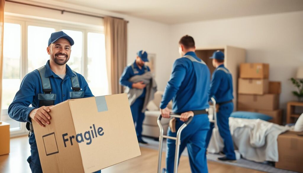 A seamless moving process scene showcasing a professional moving team in action, dressed in blue uniforms and safety gear, working together efficiently. In the foreground, a smiling mover carefully lifts a heavy box labeled 
