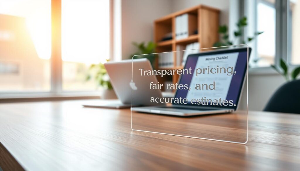 A serene and modern office space, featuring a sleek wooden desk with a transparent glass quote card resting on it, showcasing the words 