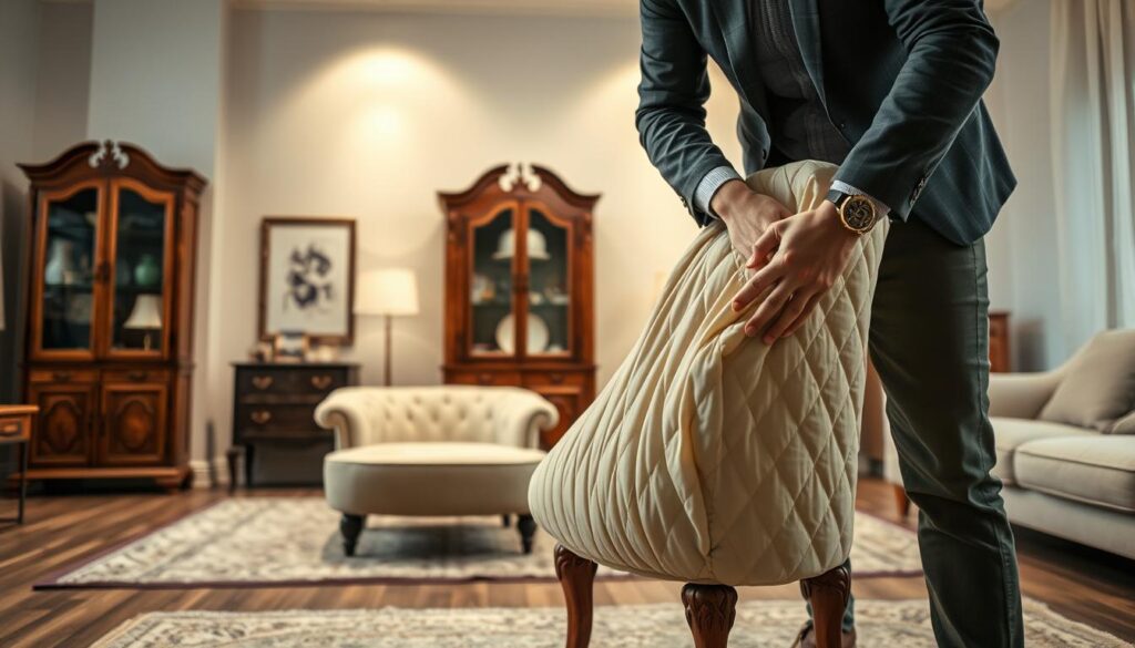 A serene and professional atmosphere depicting furniture care in a well-lit room. In the foreground, a skilled mover dressed in smart casual attire skillfully wraps a delicate antique chair with protective quilted padding. The middle section showcases various specialty items like a vintage wooden cabinet and a glass-fronted display case, carefully arranged on soft, neutral-colored rugs. The background features soft, ambient lighting highlighting the textures of the furniture and creating an inviting mood. A warm color palette with browns and creams adds a sense of professionalism and trust. The camera angle is slightly elevated, focusing on the mover's careful attention to detail, embodying the essence of white-glove handling. A serene and professional atmosphere depicting furniture care in a well-lit room. In the foreground, a skilled mover dressed in smart casual attire skillfully wraps a delicate antique chair with protective quilted padding. The middle section showcases various specialty items like a vintage wooden cabinet and a glass-fronted display case, carefully arranged on soft, neutral-colored rugs. The background features soft, ambient lighting highlighting the textures of the furniture and creating an inviting mood. A warm color palette with browns and creams adds a sense of professionalism and trust. The camera angle is slightly elevated, focusing on the mover's careful attention to detail, embodying the essence of white-glove handling.