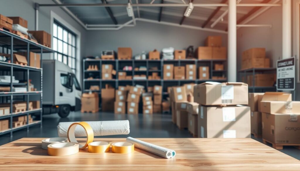 A serene indoor storage facility showcasing organized shelves filled with boxes and personal items, a professional moving truck visible through a large window, emphasizing reliability. In the foreground, a sturdy wooden table holds packing supplies like tape and bubble wrap, suggesting readiness for moving. The middle ground features neatly stacked boxes, labeled for easy identification, while an airy, bright atmosphere is created by soft, natural lighting filtering in from above. In the background, a signpost indicates various storage unit sizes. The setting conveys professionalism and flexibility, ideal for transitioning between homes or businesses. The mood is calm and orderly, reflecting the essence of dependable storage solutions.