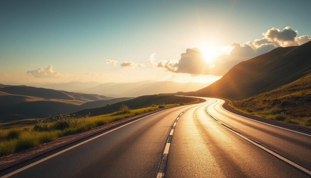 A serene landscape illustrating the concept of distance, featuring a winding highway leading away into the horizon. In the foreground, a well-maintained road with clear lane markings; on either side, vibrant green grass and wildflowers. The middle ground showcases gently rolling hills, gradually fading into the backdrop of distant mountains, giving a sense of vast space. Soft, golden sunlight filters through fluffy white clouds, casting a warm glow over the scene, enhancing the feeling of depth and tranquility. The camera angle is slightly elevated, providing a panoramic view that emphasizes the journey ahead. The mood is calm and optimistic, evoking the reliability and smoothness of a professional moving service. No human figures are present; the focus is purely on the landscape and the journey to be undertaken.