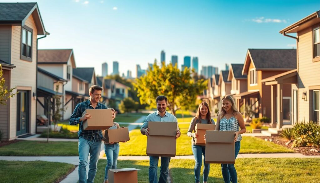 A serene urban scene depicting a family happily unpacking boxes outside a modern home in Dallas and Tulsa. In the foreground, a cheerful family of four, dressed in casual but neat clothing, is engaged in the moving process, showcasing a mix of excitement and comfort. The middle ground features a cozy suburban neighborhood with lush green lawns and trees to evoke a welcoming atmosphere. In the background, the iconic skyline of Dallas can be seen transitioning to the more laid-back vibe of Tulsa, symbolizing the journey between the two cities. The sunlight casts warm, golden hues, creating a sense of optimism and new beginnings. The composition is captured with a slight upward angle, emphasizing the homes and sky, while maintaining a balanced and inviting mood.