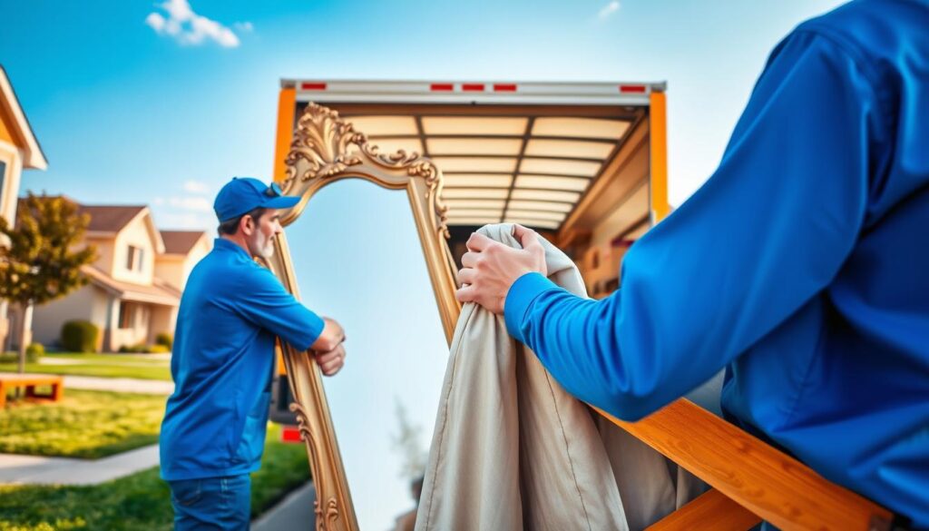 A smooth and efficient moving process depicted in a vibrant scene. In the foreground, a professional mover, dressed in a crisp blue uniform, carefully wraps a large, ornate mirror in protective padding. In the middle, a brightly colored moving truck, emblazoned with the company logo, is parked with its back doors open, revealing neatly stacked boxes and furniture. The background shows a suburban neighborhood with green lawns and clear blue skies, conveying a sense of freshness and reliability. Soft, warm sunlight illuminates the scene, creating an inviting atmosphere. The angle captures the dynamic movement of the process, emphasizing teamwork and care in the relocation journey.