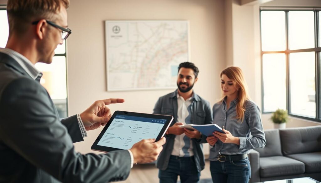 A spacious, modern office setting where a professional moving consultant discusses options with a young couple. In the foreground, brightly lit, the consultant gestures towards a digital tablet displaying logistics and costs. In the middle, the couple looks engaged, taking notes in a casual yet professional environment, dressed in smart casual attire. The background features a wall-mounted map indicating the Dallas to Fort Worth area, showcasing key locations they’ll be moving between. Warm, natural lighting filters through large windows, creating an inviting atmosphere that conveys trust and efficiency. The overall mood is one of professionalism and optimism, highlighting the collaborative nature of the moving process. A spacious, modern office setting where a professional moving consultant discusses options with a young couple. In the foreground, brightly lit, the consultant gestures towards a digital tablet displaying logistics and costs. In the middle, the couple looks engaged, taking notes in a casual yet professional environment, dressed in smart casual attire. The background features a wall-mounted map indicating the Dallas to Fort Worth area, showcasing key locations they’ll be moving between. Warm, natural lighting filters through large windows, creating an inviting atmosphere that conveys trust and efficiency. The overall mood is one of professionalism and optimism, highlighting the collaborative nature of the moving process.