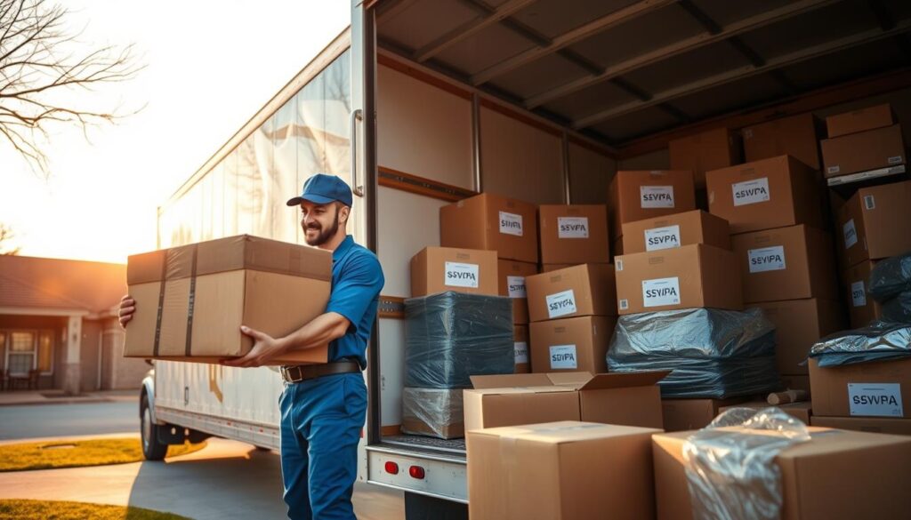 A spacious moving truck parked near a cozy home in Wichita Falls, displaying boxes labeled with care. In the foreground, a professional mover in a blue uniform, handling well-protected furniture with soft padding, ensuring its safety. The middle ground showcases neatly packed boxes stacked carefully in the truck, surrounded by bubble wrap and packing materials, giving an organized feel. The background features a clear sky with soft afternoon light illuminating the scene, casting gentle shadows and creating a warm, trustworthy atmosphere. This evokes a sense of reliability and meticulous care in the moving process. The scene is lively yet professional, capturing the essence of careful packing and furniture protection. A spacious moving truck parked near a cozy home in Wichita Falls, displaying boxes labeled with care. In the foreground, a professional mover in a blue uniform, handling well-protected furniture with soft padding, ensuring its safety. The middle ground showcases neatly packed boxes stacked carefully in the truck, surrounded by bubble wrap and packing materials, giving an organized feel. The background features a clear sky with soft afternoon light illuminating the scene, casting gentle shadows and creating a warm, trustworthy atmosphere. This evokes a sense of reliability and meticulous care in the moving process. The scene is lively yet professional, capturing the essence of careful packing and furniture protection.