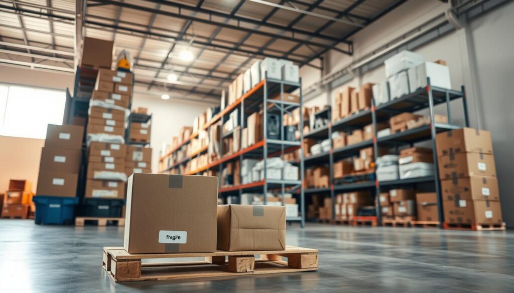 A spacious, well-organized storage facility filled with neatly stacked boxes and storage containers, showcasing various sizes and materials. In the foreground, focus on a wooden pallet with a few labeled boxes, illustrating labels for A spacious, well-organized storage facility filled with neatly stacked boxes and storage containers, showcasing various sizes and materials. In the foreground, focus on a wooden pallet with a few labeled boxes, illustrating labels for