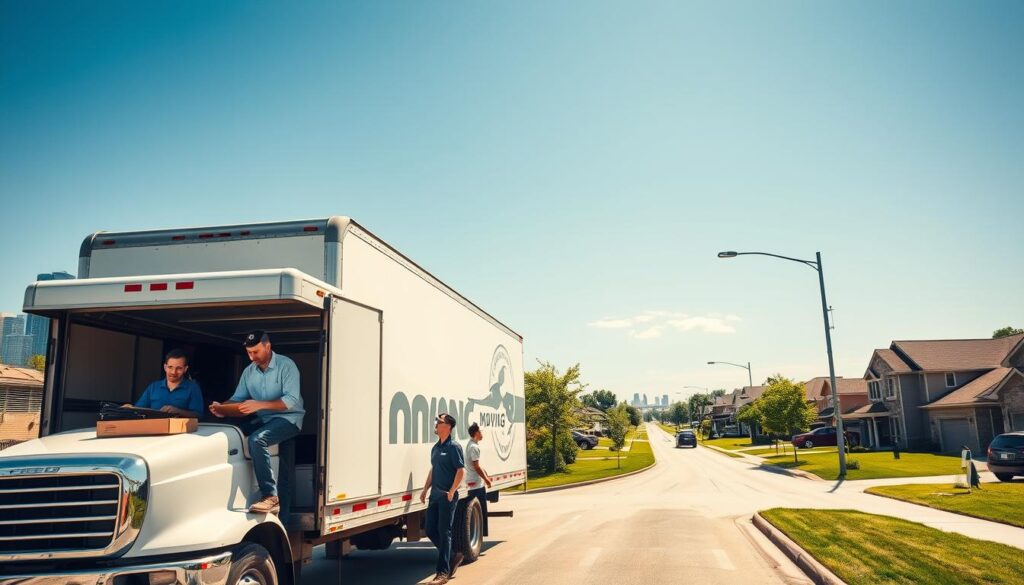A sunny day in Dallas transitioning into Frisco with a moving truck prominently in the foreground, showcasing a diverse group of professional movers in smart casual attire, working efficiently. In the middle ground, depict an open street with recognizable Dallas landmarks fading into the background, transitioning towards a welcoming suburban neighborhood in Frisco, complete with family homes and green spaces. The sky is clear and bright, conveying a sense of optimism and new beginnings. The angle captures the hustle of moving day, with boxes being loaded, and the atmosphere is lively yet organized, highlighting the reliable moving services of Mustang Moving. Use a warm color palette to evoke a positive mood and sense of community. A sunny day in Dallas transitioning into Frisco with a moving truck prominently in the foreground, showcasing a diverse group of professional movers in smart casual attire, working efficiently. In the middle ground, depict an open street with recognizable Dallas landmarks fading into the background, transitioning towards a welcoming suburban neighborhood in Frisco, complete with family homes and green spaces. The sky is clear and bright, conveying a sense of optimism and new beginnings. The angle captures the hustle of moving day, with boxes being loaded, and the atmosphere is lively yet organized, highlighting the reliable moving services of Mustang Moving. Use a warm color palette to evoke a positive mood and sense of community.