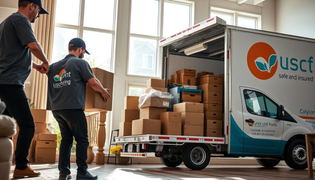 A team of licensed and insured movers working diligently, captured in a bright, spacious living room. In the foreground, two movers, dressed in branded professional attire, are carefully lifting a large cardboard box, showcasing teamwork and strength. The middle layer features a well-organized moving truck with the company logo parked outside a charming suburban home, with a neatly stacked assortment of boxes visible. In the background, soft afternoon sunlight filters through large windows, creating an inviting atmosphere. The scene conveys professionalism and reliability, with a focus on the movers’ commitment to safe and insured services. The angle is slightly elevated, providing a comprehensive view of the moving process, evoking a sense of trust and efficiency. A team of licensed and insured movers working diligently, captured in a bright, spacious living room. In the foreground, two movers, dressed in branded professional attire, are carefully lifting a large cardboard box, showcasing teamwork and strength. The middle layer features a well-organized moving truck with the company logo parked outside a charming suburban home, with a neatly stacked assortment of boxes visible. In the background, soft afternoon sunlight filters through large windows, creating an inviting atmosphere. The scene conveys professionalism and reliability, with a focus on the movers’ commitment to safe and insured services. The angle is slightly elevated, providing a comprehensive view of the moving process, evoking a sense of trust and efficiency.