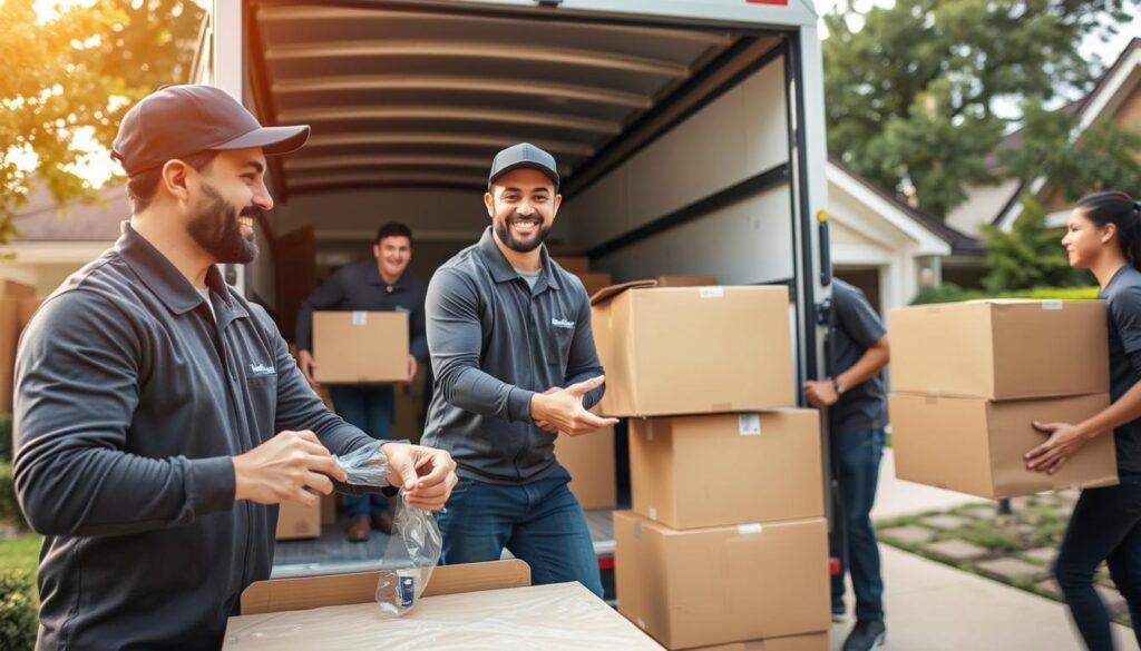 A team of professional movers efficiently loading boxes and furniture into a moving truck outside a suburban home in Dallas. The movers, dressed in smart, matching uniforms, showcase a friendly yet focused demeanor as they handle belongings with care. In the foreground, a mover gently secures a fragile item with bubble wrap. The middle ground features the open truck with neatly stacked boxes, emphasizing organization. In the background, the well-kept house and lush greenery suggest a serene residential environment. The scene is bathed in soft, natural lighting, capturing a warm, inviting atmosphere. The camera angle is slightly elevated, giving an overview of the moving process, highlighting professionalism and reliability in every detail.