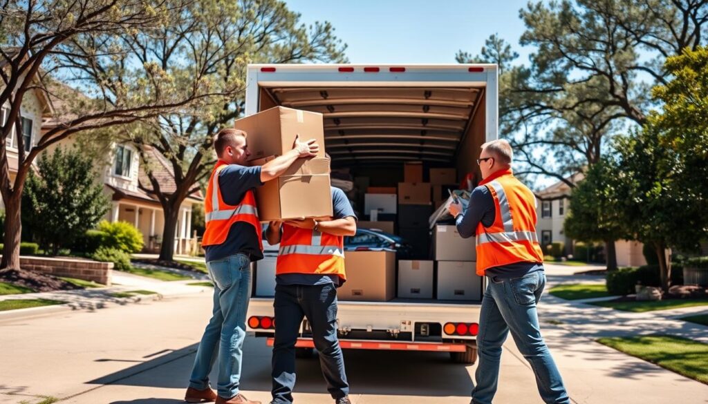 A team of professional movers, wearing smart uniforms and safety vests, carefully lifting and maneuvering furniture boxes onto a moving truck in a suburban driveway. In the foreground, two movers are engaged in lifting a large, heavy box, showcasing their teamwork and physicality. The middle ground features an open, organized moving truck filled with various household items, suggesting efficiency and care in the relocation process. In the background, a picturesque, tree-lined street of a Dallas neighborhood, under bright blue skies, creates a welcoming atmosphere. The lighting is bright and natural, emphasizing the professionalism and reliability of the moving service. The overall mood is focused, safe, and industrious, with an emphasis on trustworthiness and skill. A team of professional movers, wearing smart uniforms and safety vests, carefully lifting and maneuvering furniture boxes onto a moving truck in a suburban driveway. In the foreground, two movers are engaged in lifting a large, heavy box, showcasing their teamwork and physicality. The middle ground features an open, organized moving truck filled with various household items, suggesting efficiency and care in the relocation process. In the background, a picturesque, tree-lined street of a Dallas neighborhood, under bright blue skies, creates a welcoming atmosphere. The lighting is bright and natural, emphasizing the professionalism and reliability of the moving service. The overall mood is focused, safe, and industrious, with an emphasis on trustworthiness and skill.