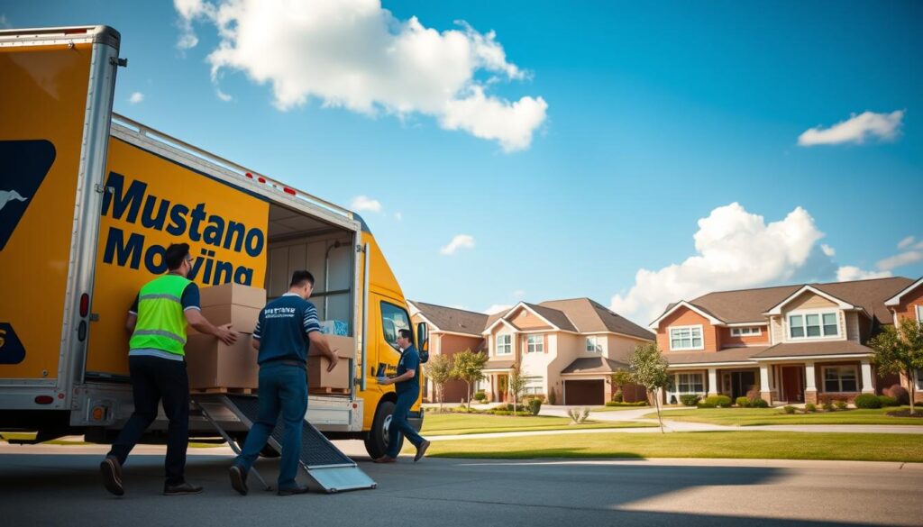A team of professional movers working diligently in the foreground, carefully loading boxes and furniture into a bright, well-branded moving truck emblazoned with A team of professional movers working diligently in the foreground, carefully loading boxes and furniture into a bright, well-branded moving truck emblazoned with