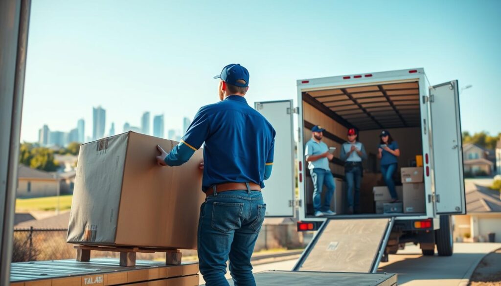 A time-sensitive moving scene depicting a professional moving team preparing for a Dallas-to-Garland relocation. In the foreground, two movers in clean uniforms carefully load a large cardboard box onto a sturdy moving truck, showcasing proper equipment and techniques. In the middle ground, visible is a well-organized moving truck partially open, revealing friendly movers coordinating and checking lists using tablets. The backdrop features a bright, clear Texas sky, with the iconic Dallas skyline gently fading into the distance, and nearby residential areas indicative of Garland. Soft afternoon sunlight creates an optimistic and energetic mood, emphasizing the importance of timing during the moving process. Use a wide-angle lens to capture the entire scene, ensuring a bright, professional atmosphere without any distracting elements. A time-sensitive moving scene depicting a professional moving team preparing for a Dallas-to-Garland relocation. In the foreground, two movers in clean uniforms carefully load a large cardboard box onto a sturdy moving truck, showcasing proper equipment and techniques. In the middle ground, visible is a well-organized moving truck partially open, revealing friendly movers coordinating and checking lists using tablets. The backdrop features a bright, clear Texas sky, with the iconic Dallas skyline gently fading into the distance, and nearby residential areas indicative of Garland. Soft afternoon sunlight creates an optimistic and energetic mood, emphasizing the importance of timing during the moving process. Use a wide-angle lens to capture the entire scene, ensuring a bright, professional atmosphere without any distracting elements.