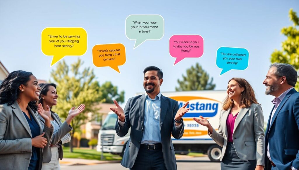 A vibrant and engaging scene illustrating positive customer reviews about Mustang Moving’s service. In the foreground, a diverse group of three people dressed in professional business attire, smiling and gesturing enthusiastically, as if discussing their experiences. The middle ground features bright and colorful speech bubbles filled with positive feedback, floating above a cheerful moving truck branded with the Mustang Moving logo. In the background, a suburban neighborhood is visible, with a clear blue sky and trees, suggesting a warm, sunny day. Soft, natural lighting highlights the subjects, creating an inviting and trustworthy atmosphere. Use a wide-angle lens perspective to enhance the openness of the scene, emphasizing the community's satisfaction and reliability of the moving service.
