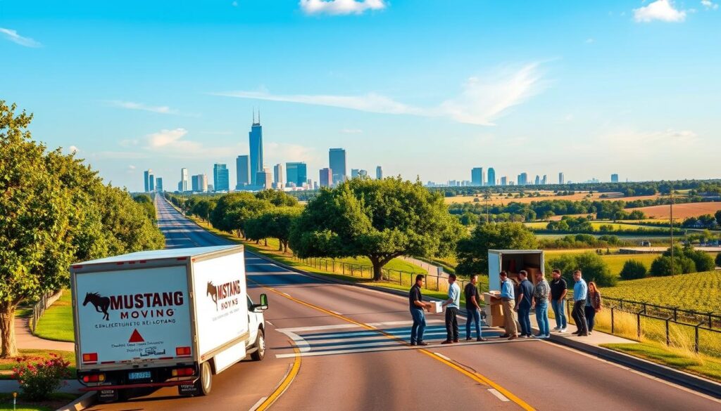 A vibrant and welcoming scene depicting the areas served by Mustang Moving, showcasing a stretch of road connecting Dallas to Midlothian. In the foreground, a moving truck with the Mustang Moving logo parked along a tree-lined street, surrounded by lush greenery and blooming flowers. In the middle ground, a diverse group of professional movers, dressed in smart casual attire, are carefully unloading boxes and furniture onto the sidewalk, exemplifying teamwork and reliability. The background features a skyline view of Dallas fading into the serene countryside of Midlothian, under a clear blue sky with soft golden sunlight casting warm tones over the landscape. The atmosphere is friendly and energetic, inviting viewers to feel secure and confident in their moving journey.