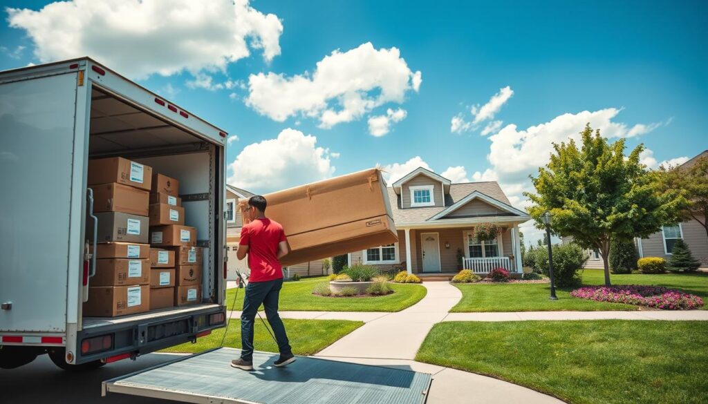 A vibrant residential moving scene showcasing a suburban neighborhood during the day. In the foreground, a moving truck is parked with its rear open, revealing neatly stacked boxes labeled with various household items. Two professional movers, wearing casual yet tidy uniforms, are carefully lifting a large couch and maneuvering it down the truck's ramp. In the middle ground, a charming single-family home with a lush green lawn and vibrant flowers is visible, indicating the new destination. Prominently placed are a few trees and a sidewalk, suggesting a friendly neighborhood ambiance. In the background, a clear blue sky with fluffy white clouds enhances the cheerful atmosphere, capturing the essence of new beginnings and transitions in residential moving. The scene is well-lit, with soft sunlight casting gentle shadows, creating an inviting and uplifting mood. A vibrant residential moving scene showcasing a suburban neighborhood during the day. In the foreground, a moving truck is parked with its rear open, revealing neatly stacked boxes labeled with various household items. Two professional movers, wearing casual yet tidy uniforms, are carefully lifting a large couch and maneuvering it down the truck's ramp. In the middle ground, a charming single-family home with a lush green lawn and vibrant flowers is visible, indicating the new destination. Prominently placed are a few trees and a sidewalk, suggesting a friendly neighborhood ambiance. In the background, a clear blue sky with fluffy white clouds enhances the cheerful atmosphere, capturing the essence of new beginnings and transitions in residential moving. The scene is well-lit, with soft sunlight casting gentle shadows, creating an inviting and uplifting mood.